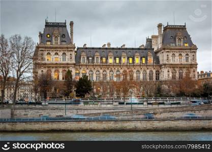Gloomy cityscape with Paris City Hall or Hotel de Ville in the winter day, France