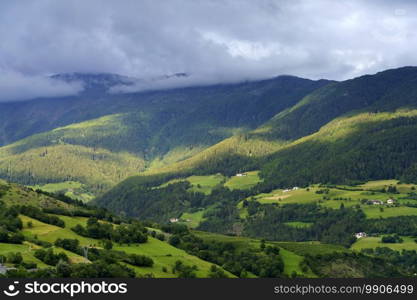 Glorenza, or Glurns, Bolzano, Trentino Alto Adige, Italy  historic city in the Venosta valley.. Mountain landscape at summer