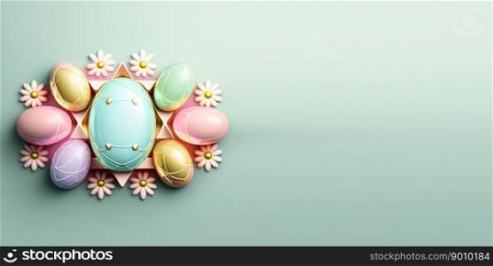 Glossy 3d decorative easter eggs background and banner with flower ornament and copy space