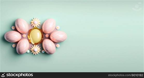 Glossy 3d decorative easter eggs background and banner with flower ornament and empty space