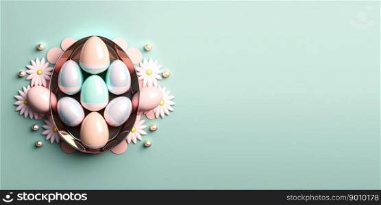 Glossy 3d decorative easter eggs celebration background and banner with flower ornament and empty space