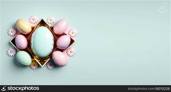 Glossy 3d decorative easter eggs celebration background and banner with small flower ornament and empty space