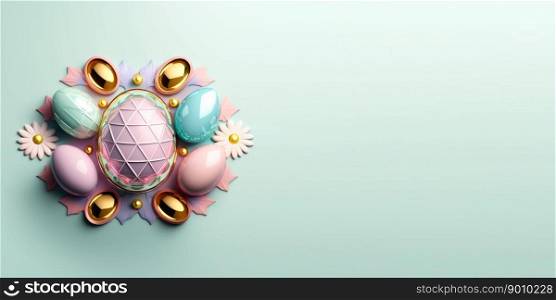 Glossy 3d decorative easter eggs celebration background and banner with small flower ornament and copy space