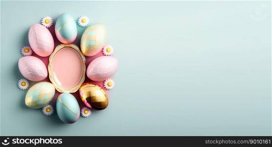 Glossy 3d decorative easter eggs greeting card background and banner with flower ornament and copy space