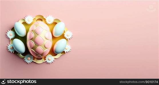 Glossy 3d decorative easter eggs holiday background and banner with flower ornament and empty space