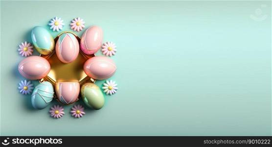Glossy 3d decorative easter eggs holiday background and banner with small flower ornament and empty space