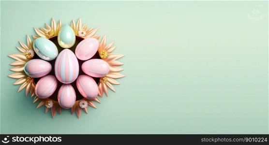 Glossy 3d decorative easter eggs holiday background and banner with small flower ornament and copy space