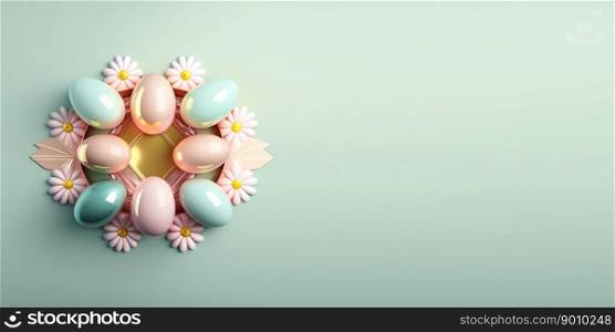 Glossy 3d easter eggs background and banner with small flower ornament and copy space