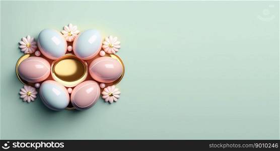 Glossy 3d easter eggs background and banner with small flower ornament and empty space