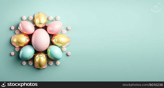 Glossy 3d easter eggs greeting card background and banner with small flower ornament and copy space