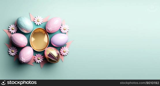 Glossy 3d easter eggs holiday background and banner with flower ornament and copy space