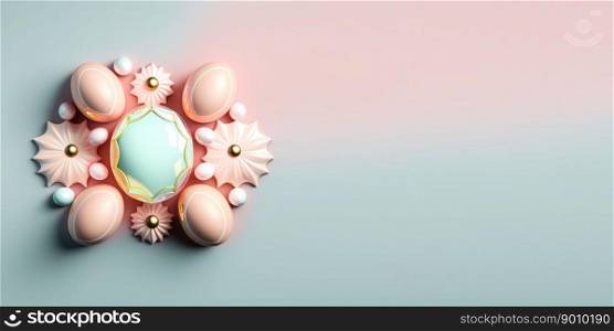 Glossy 3d easter eggs holiday background and banner with flower ornament and empty space