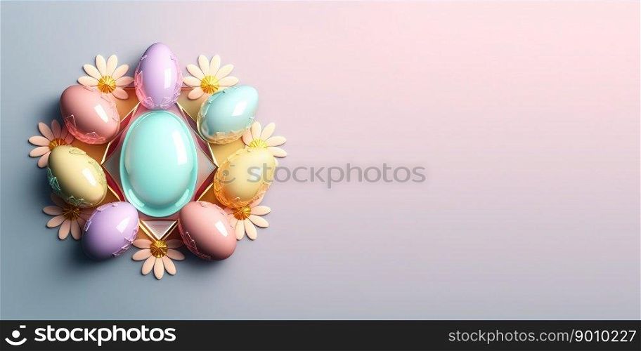 Glossy 3d easter eggs holiday background and banner with small flower ornament and empty space