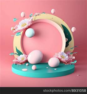 Glossy 3D Pink Podium with Eggs and Flowers Decoration for Easter Celebration Product Presentation
