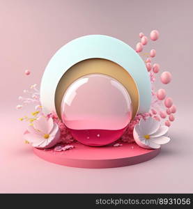 Glossy 3D Pink Podium with Eggs and Flowers Decoration for Easter Celebration Product Showcase