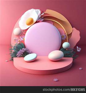 Glossy 3D Pink Podium with Eggs and Flowers Decoration for Easter Day Product Display