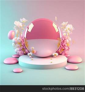 Glossy 3D Pink Podium with Eggs and Flowers for Easter Celebration Product Presentation