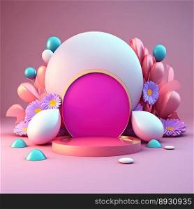 Glossy 3D Pink Podium with Eggs and Flowers for Easter Day Product Display