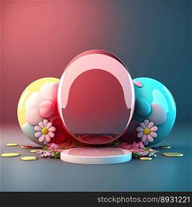 Glossy 3D Pink Podium with Eggs and Flowers for Easter Day Product Presentation