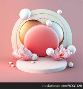 Glossy 3D Pink Podium with Eggs and Flowers for Easter Product Display