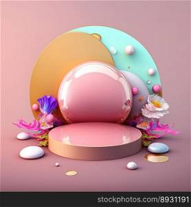 Glossy 3D Pink Podium with Eggs and Flowers for Easter Product Presentation