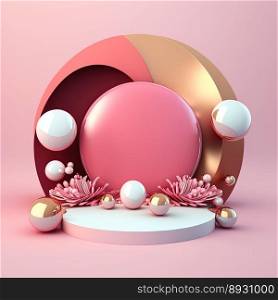 Glossy 3D Pink Podium with Eggs and Flowers Ornament for Easter Celebration Product Presentation