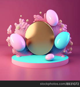 Glossy 3D Pink Podium with Eggs and Flowers Ornament for Easter Day Product Display