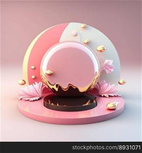 Glossy 3D Pink Podium with Eggs and Flowers Ornament for Easter Day Product Presentation