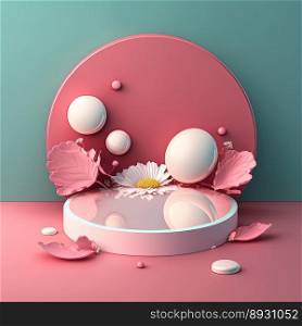 Glossy 3D Pink Stage with Eggs and Flowers Decoration for Easter Celebration Product Display