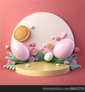 Glossy 3D Pink Stage with Eggs and Flowers Decoration for Easter Celebration Product Showcase