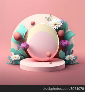 Glossy 3D Pink Stage with Eggs and Flowers Decoration for Easter Day Product Display