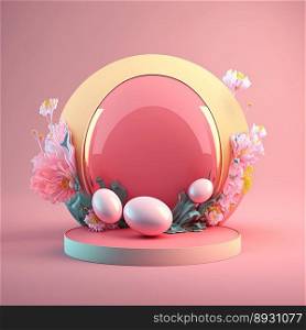 Glossy 3D Pink Stage with Eggs and Flowers Decoration for Easter Day Product Presentation