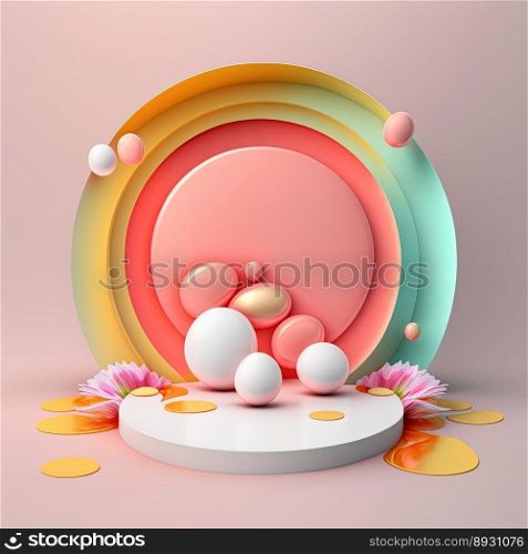 Glossy 3D Pink Stage with Eggs and Flowers Decoration for Easter Day Product Showcase