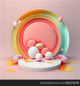 Glossy 3D Pink Stage with Eggs and Flowers Decoration for Easter Day Product Showcase