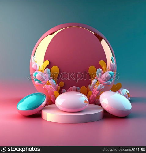 Glossy 3D Pink Stage with Eggs and Flowers for Easter Celebration Product Display