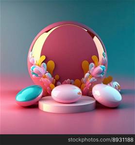 Glossy 3D Pink Stage with Eggs and Flowers for Easter Celebration Product Display