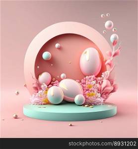 Glossy 3D Pink Stage with Eggs and Flowers for Easter Celebration Product Display