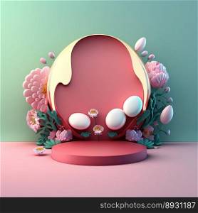 Glossy 3D Pink Stage with Eggs and Flowers for Easter Celebration Product Presentation