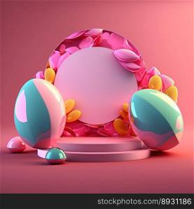 Glossy 3D Pink Stage with Eggs and Flowers for Easter Celebration Product Showcase