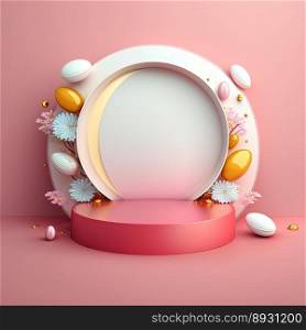 Glossy 3D Pink Stage with Eggs and Flowers for Easter Celebration Product Showcase
