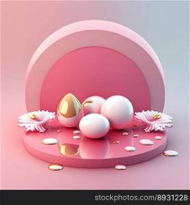 Glossy 3D Pink Stage with Eggs and Flowers for Easter Day Product Presentation