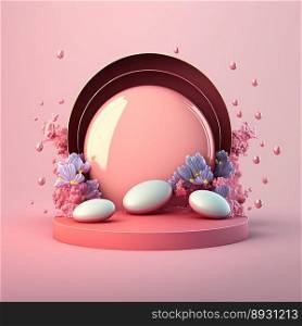 Glossy 3D Pink Stage with Eggs and Flowers for Easter Day Product Showcase