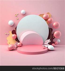 Glossy 3D Pink Stage with Eggs and Flowers for Easter Product Presentation
