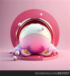 Glossy 3D Pink Stage with Eggs and Flowers for Easter Product Showcase