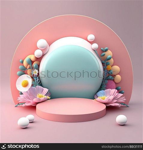 Glossy 3D Podium with Eggs and Flowers Decoration for Easter Celebration Product Display