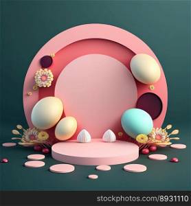 Glossy 3D Podium with Eggs and Flowers Decoration for Easter Celebration Product Presentation