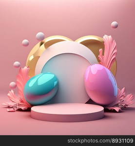 Glossy 3D Podium with Eggs and Flowers Decoration for Easter Celebration Product Showcase