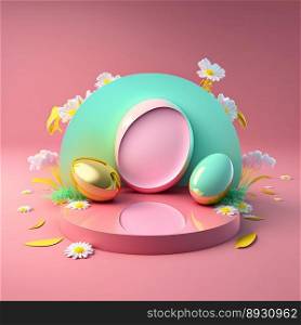 Glossy 3D Podium with Eggs and Flowers for Easter Celebration Product Display