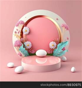 Glossy 3D Podium with Eggs and Flowers for Easter Day Product Display