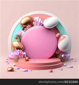 Glossy 3D Podium with Eggs and Flowers for Easter Day Product Showcase